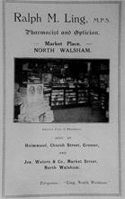 Advert from the 1927 Town Guide showing the interior of Ling's Chemist at 13 Market Place, North Walsham.
