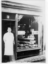 Claude Leatherdale outside the London Central Meat Company shop at 20 Kings Arms Street, North Walsham.... later moved to 10 Market Place