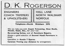 D. K Rogerson Engineers, Coach Trimmers & Upholsterers. Hall Lane, North Walsham.