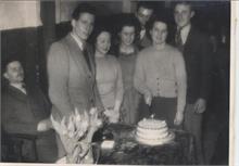 North Walsham Youth Club, first anniversary cake cut by Edith Cutting, 1949.