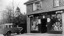 Thomas Payne's Confectioner & tobacconist shop on New Road. Dennis Payne's Jowett van in front