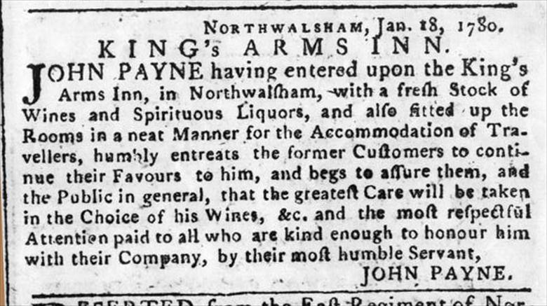 Photograph. Advert for the King's Arms Hotel which appeared in the Norwich Mercury on Saturday, Jan 22nd., 1780. (North Walsham Archive).