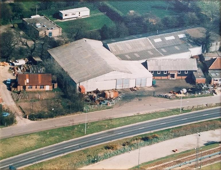 Photograph. Aerial photo of Utting's Engineering on Midland Road, North Walsham c1980. (North Walsham Archive).