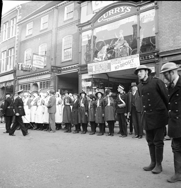 Photograph. ARP exercises in North Walsham Market Place (North Walsham Archive).