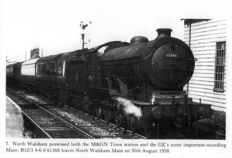 Photograph. A B12/3 4-6-0 locomotive, No.61566, leaving North Walsham "Main" Station on August 30th. 1958 (North Walsham Archive).