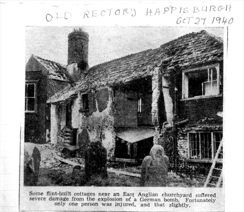 Photograph. Bomb damage to Happisburgh old rectory in 1940 (North Walsham Archive).