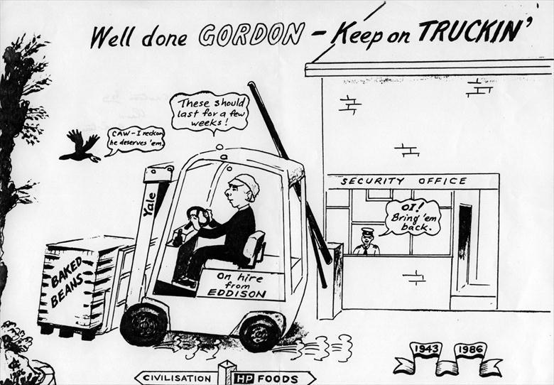 Photograph. Cartoon drawn by Claud Appleton for the retirement of Gordon Gee after 43 years at the Canning Factory (North Walsham Archive).