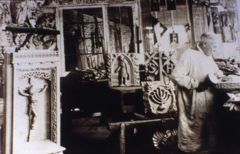 Photograph. Charles Simpson at work at Cornish & Gaymer Ecclesiastical Builders, Norwich Road (North Walsham Archive).