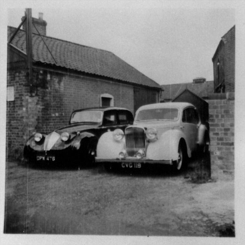 Photograph. Duncan Industries (Engineers) Ltd. Park Hall, New Road, North Walsham. The first Duncan-Alvis with the one and only Duncan-Minx on the left (North Walsham Archive).