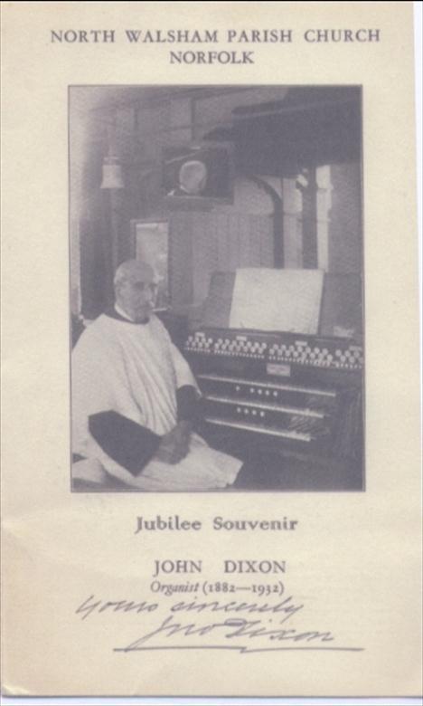 Photograph. John Dixon, Church Organist (1882 to 1932) Courtesy of North Walsham Parish Church (North Walsham Archive).