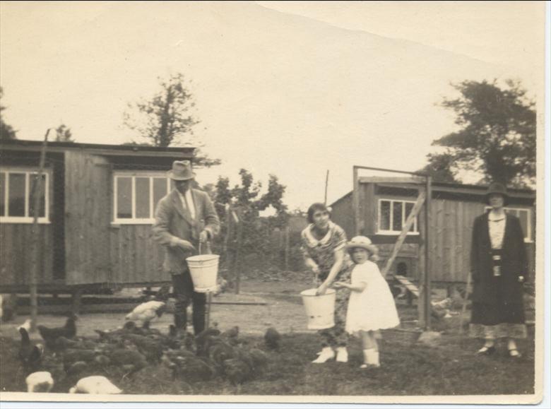 Photograph. Land belonging to Aylsham House in the 1920's. Barbara Blewitt (now Thirwell) helps to feed the chickens. (North Walsham Archive).