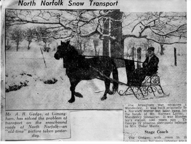 Photograph. Mr A.R.Gedge, of Gimingham, driving his wrought iron sledge in 1968 (North Walsham Archive).