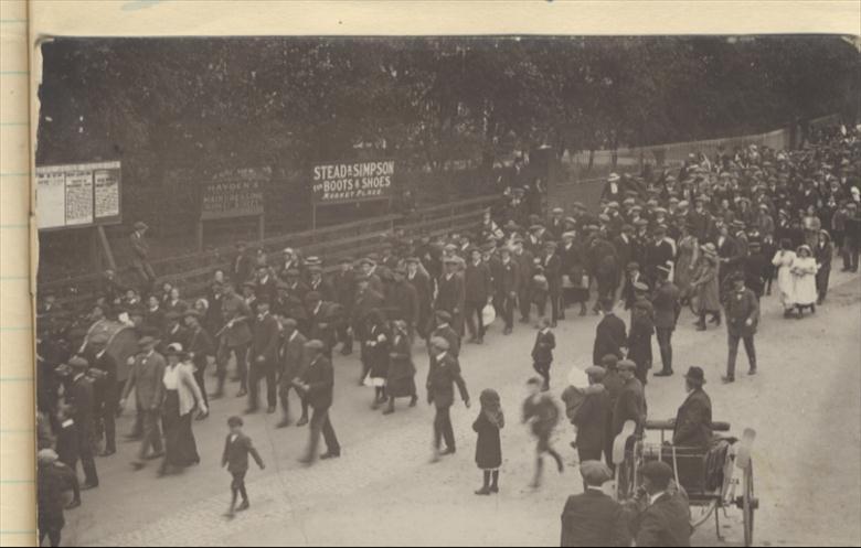 Photograph. New recruits marching to railway (North Walsham Archive).