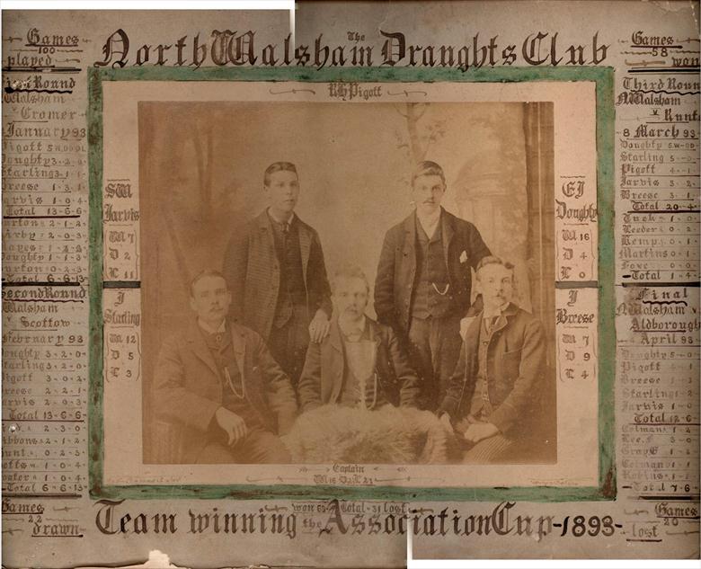Photograph. North Walsham Draughts Club Team Winners of the Association Cup in 1893.... 58 Games won, 22 drawn and 20 lost. (North Walsham Archive).