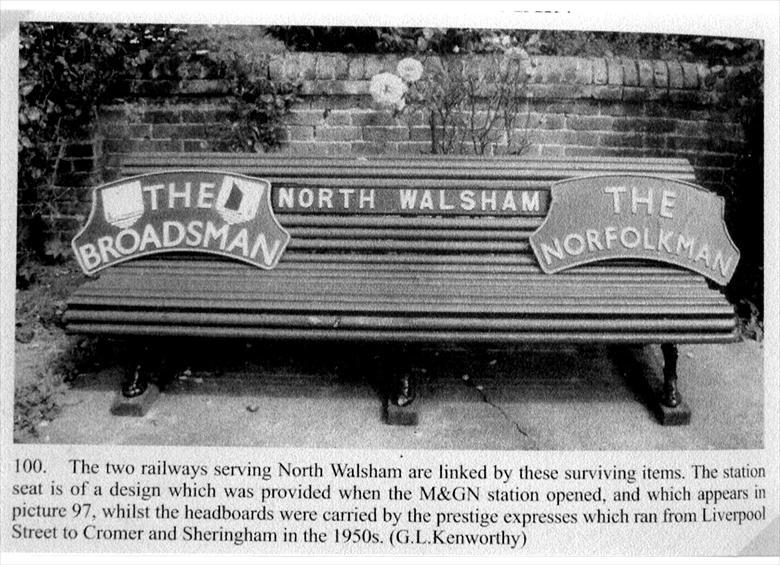 Photograph. North Walsham Railway memorabilia. Original bench of M&GN and express headboards. (North Walsham Archive).