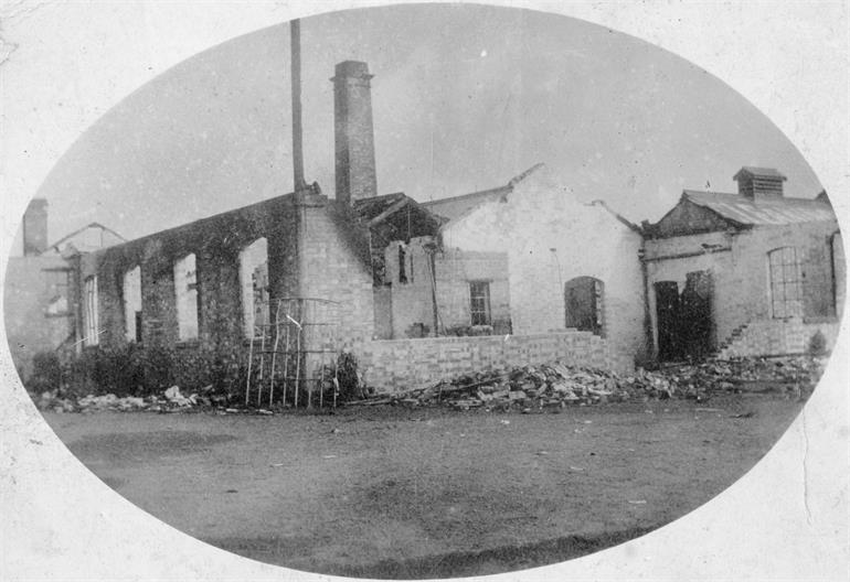 Photograph. North Walsham Steam Laundry after the fire of 1906 (North Walsham Archive).