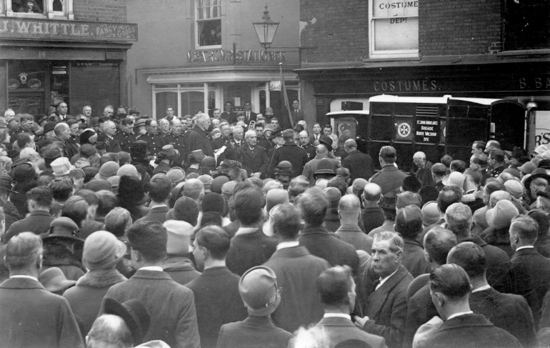 North Walsham's first motor ambulance in Market Place (North Walsham Archive) Photograph. North Walsham's first motor ambulance in Market Place (North Walsham Archive).
