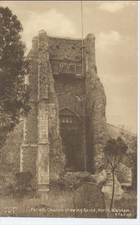 Photograph. Parish church of North Walsham, showing the ruined tower. (North Walsham Archive).