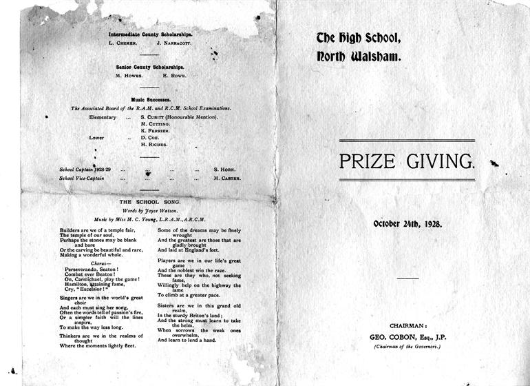 Photograph. Programme for 1928 Prize giving ceremony, NWGHS 1928
Contributor: Carol Needham (North Walsham Archive).