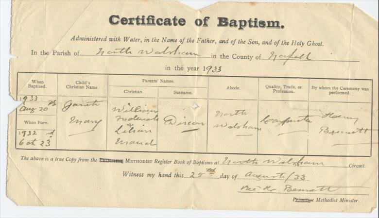 Photograph. Record of Baptism in Methodist Church Grammar School Road, North Walsham. Notice the word Primitive has been crossed out after the amalgamation of the Primitive Methodists with the Wesleyans. (North Walsham Archive).