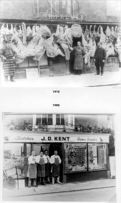 Photograph. Robert Palmer, Butcher at his doorway in Market Street, North walsham c1910. Kents, c1980 with - Kemp, David Smith, Clive Bird & Denis Woodhouse (North Walsham Archive).