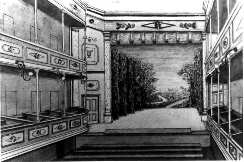 Photograph. Sketch showing stage of Fisher's Theatre North Walsham (North Walsham Archive).