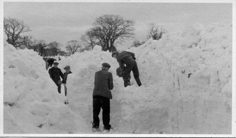 Photograph. Skeyton Road, North Walsham, digging through the snow drifts of the 1947 winter. (North Walsham Archive).