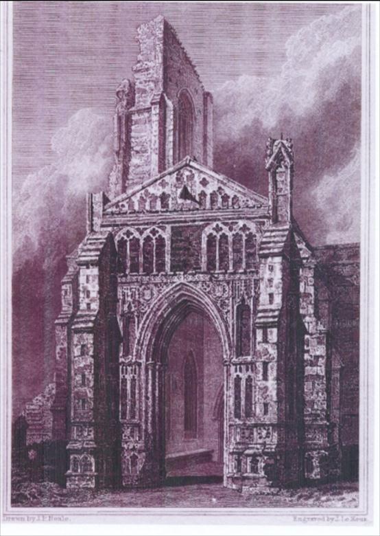 Photograph. South Porch North Walsham Church, drawn by J.P. Neale, engraved by J Le Keux. (North Walsham Archive).
