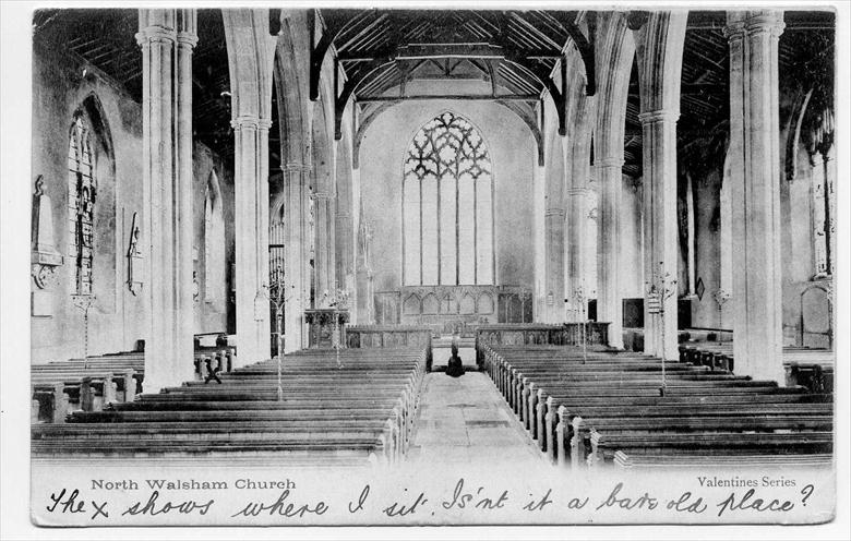 Photograph. St Nicholas' Parish Church, North Walsham, showing the full sized East Window before the fitting of the War memorial window of 1919. (North Walsham Archive).