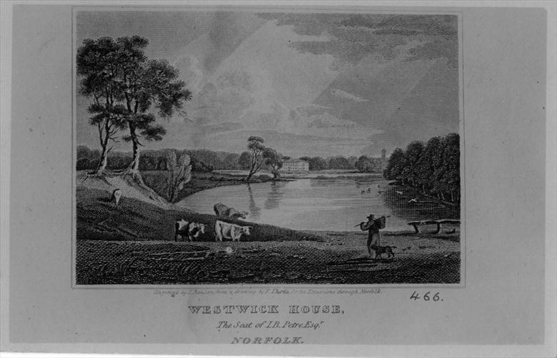 Photograph. Westwick Hall. Engraving by T.Ranson, from a drawing by T.Thirtle, for "Excursions Through Norfolk" by Thomas Cromwell & John Sell Cotman. (North Walsham Archive).
